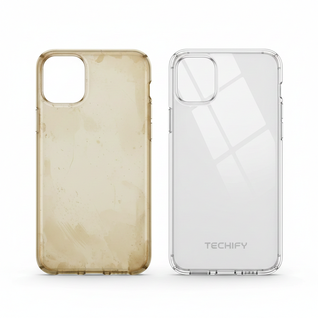 Comparison of a yellowed silicone cover vs a non-yellowing crystal clear acrylic phone case from Techify Pakistan.