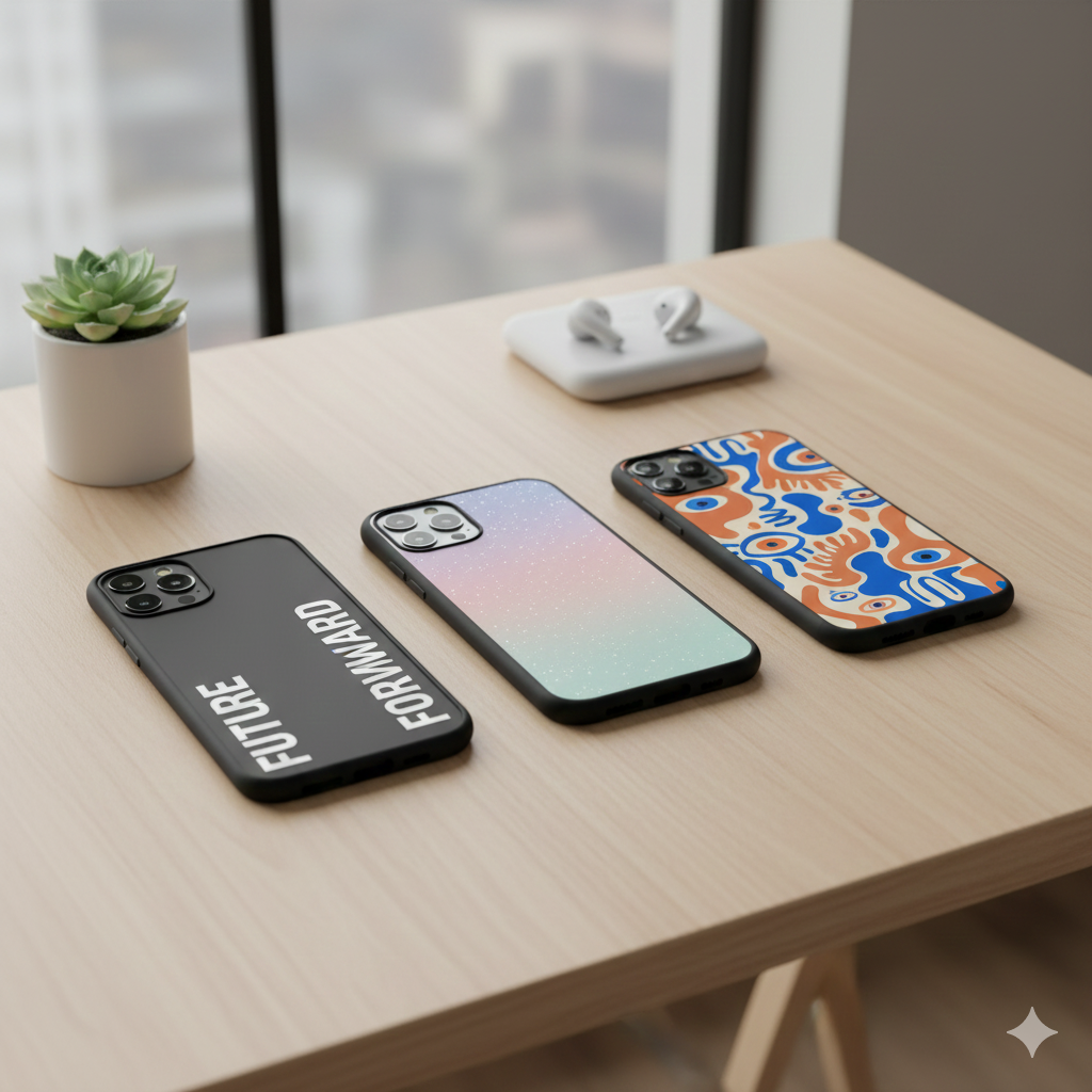 Custom phone case designs for 2025 featuring minimalist typography and aura gradients on glossy and reverb cases.